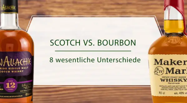 Zwei Flaschen Whisky: GlenAllachie Scotch und Maker's Mark Bourbon. Der Text erklärt die 8 wesentlichen Unterschiede zwischen Scotch und Bourbon.