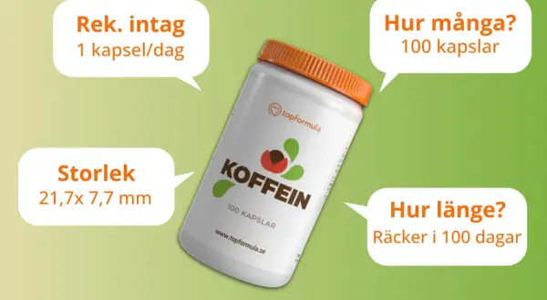 En burk med koffeinkapslar. Texten förklarar hur koffein påverkar kroppen, med information om rekommenderat intag, antal kapslar och hur länge de räcker.