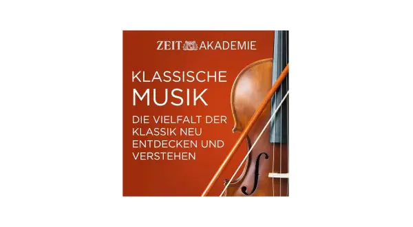 Ein Violoncello und Bogen vor einem roten Hintergrund mit dem Text "Klassische Musik".