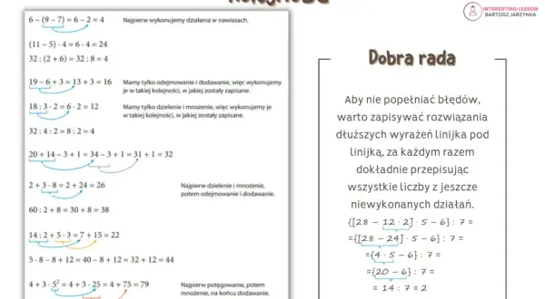Matematyczne przykłady kolejności wykonywania działań z nawiasami i podpowiedzi.