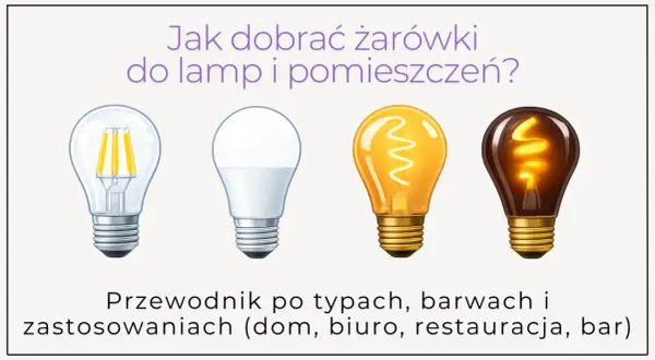 Różne rodzaje żarówek: LED filament, LED, tradycyjna żarówka z żarnikiem, żarówka dekoracyjna. Przewodnik po typach, barwach i zastosowaniach.