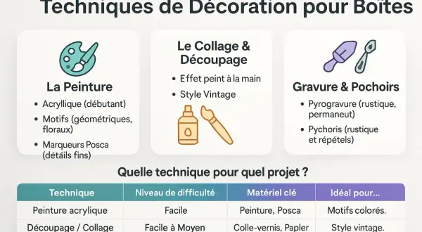 Tableau comparatif des techniques de décoration pour boîtes en bois : peinture, collage, gravure. Une idée décoration boite en bois pour chaque style.