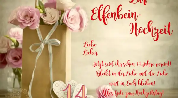 Elfenbein-Hochzeit nach 14 Jahren! Ein Strauß rosa Rosen und Herzen schmücken die Karte. Möge die Liebe ewig währen.