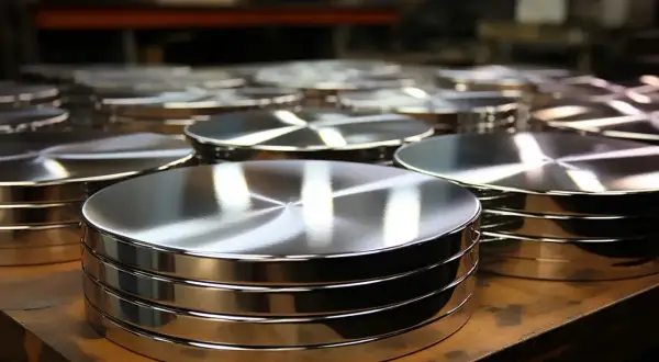 Stos polerowanego aluminium, błyszczące krążki gotowe do dalszej obróbki.