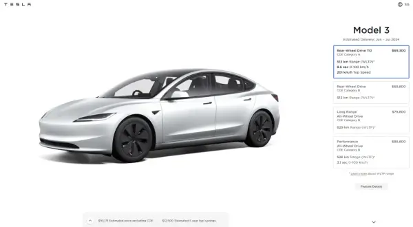 Srebrny Tesla Model 3. Wersja Performance ma 3.1 sekundy do 100 km/h, ale ile koni ma Tesla? To zależy od modelu.