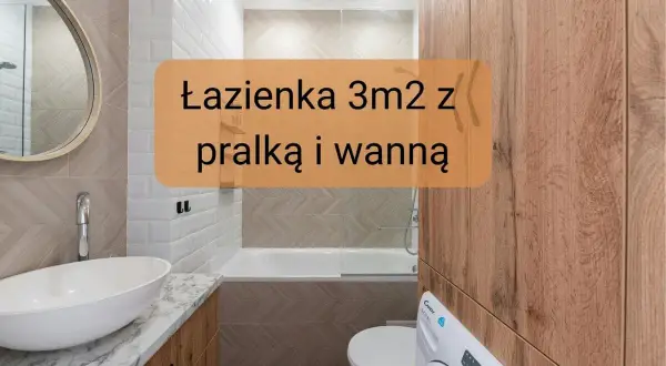 Nowoczesna łazienka 3m2 z pralką i wanną. Jasne płytki, drewniane akcenty i owalne lustro tworzą przytulny pomysł na łazienkę z wanną.