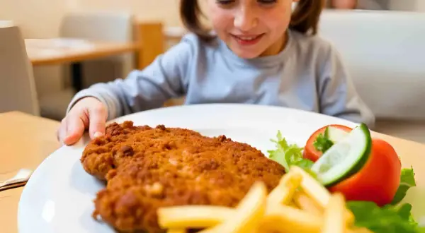 Niña sonriente mira un plato con una jugosa milanesa de ternera, papas fritas y ensalada.