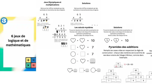 Concentration jeux de logique à imprimer : énigmes mathématiques sur les Jeux Olympiques et calculs mystères.