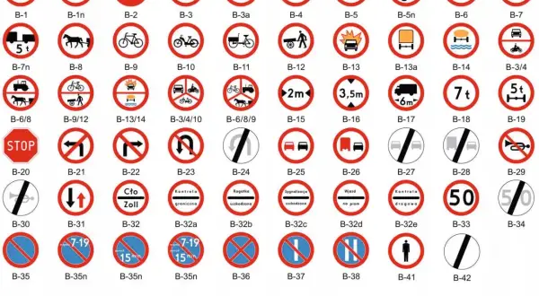 Zbiór znaków drogowych, w tym zakazy, nakazy, ostrzeżenia i informacyjne. Każdy znak drogowy ma swój numer.