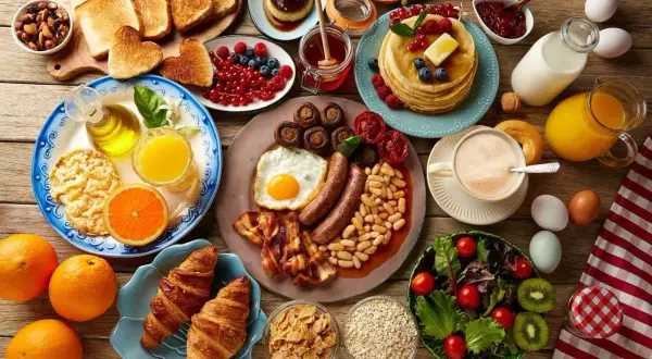Un copieux repas sportif : œufs, saucisses, haricots, toasts, fruits, pancakes, croissants, café et jus d'orange.