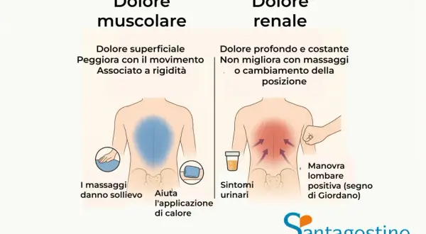 Confronto tra dolore muscolare e renale. Il dolore muscolare è superficiale, peggiora col movimento e dà sollievo con massaggi e calore. Il dolore renale è profondo, costante, associato a sintomi urinari e manovra lombare positiva.
