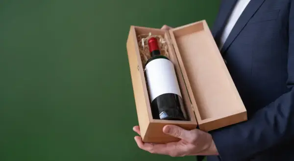 Elegancki mężczyzna w garniturze prezentuje drewniane pudełko z butelką wina wytrawnego czerwonego.