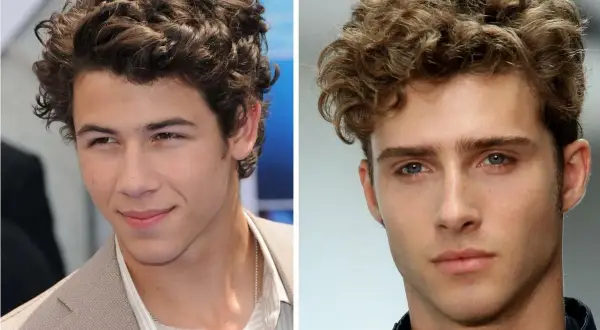 Dos hombres con estilosos cortes de pelo rizado hombre, uno con cabello castaño oscuro y otro con rubio.