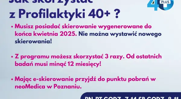 Grafika z tekstem "Jak skorzystać z Profilaktyki 40+?" i logo programu.