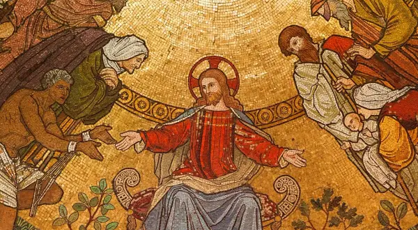 Chrystus z wyciągniętymi ramionami, otoczony ludźmi. Jeden z nich, jak niewierny Tomasz, bada ranę.