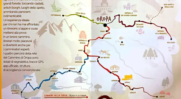 Mappa illustrata del Cammino di Oropa, con percorsi, santuari e borghi. Un viaggio tra natura e spiritualità.
