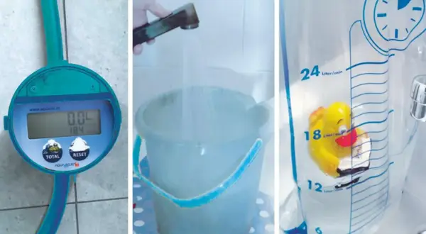 Mesure du débit d'eau maison avec un compteur digital, un seau sous un robinet, et un sac gradué avec un canard.