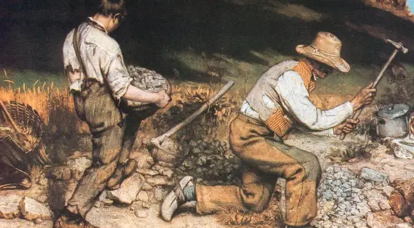 Dwóch robotników w stylu konwencja naturalistyczna pracuje przy drodze. Jeden niesie kosz kamieni, drugi kruszy je młotem.