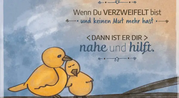 Zwei gelbe Küken auf einem Ast. Ein Spruch über Hoffnung und Trost, der an Bibelverse Heilung erinnert.