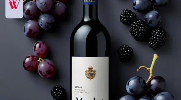 Butelka wina Merlot, otoczona ciemnymi winogronami i jeżynami. To wino, które zachwyca owocowym aromatem.