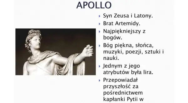 Posąg Apollina, boga piękna i słońca. Streszczenie bogów olimpijskich: syn Zeusa, brat Artemidy, bóg muzyki, poezji, sztuki i nauki.