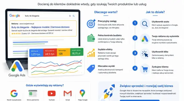 Reklama w Google Ads to sposób na dotarcie do klientów szukających Twoich produktów, np. butów do biegania. Zwiększ sprzedaż!