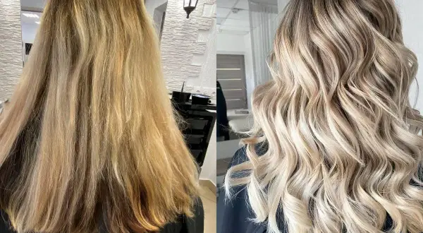 Przed i po: matowe, zniszczone włosy zamienione w lśniący, wielowymiarowy balejaż blond z subtelnymi refleksami.