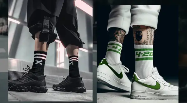 Dwa ujęcia nóg w modnych skarpetkach i sneakersach: czarne z białym wzorem i białe z zielonymi paskami.
