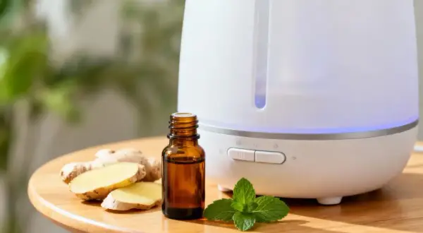 Dyfuzor z niebieskim podświetleniem, buteleczka z olejkiem imbirowym i listki mięty. Idealne olejki eteryczne do inhalacji dla relaksu.