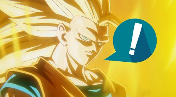 Goku als Super Saiyajin, mit seinem ikonischen goldenen Haar und einem Ausrufezeichen in einer Sprechblase.