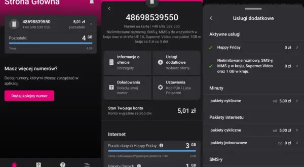 Stan konta T-Mobile: 5,01 zł, 4 GB internetu. Pakiet Happy Friday aktywny.