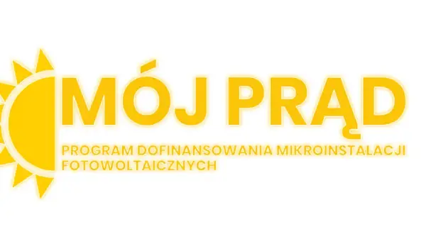 Logo "Mój Prąd" z symbolem słońca. Program dofinansowania mikroinstalacji fotowoltaicznych. Sprawdź wysokość dofinansowania w programie Mój Prąd 5.0.