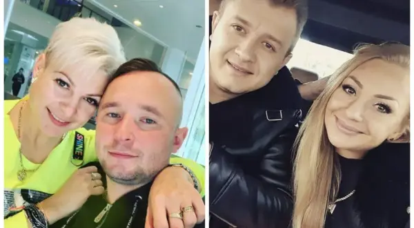 Magda Narożna i jej partner, Dawid Narożny, uśmiechają się do zdjęcia.