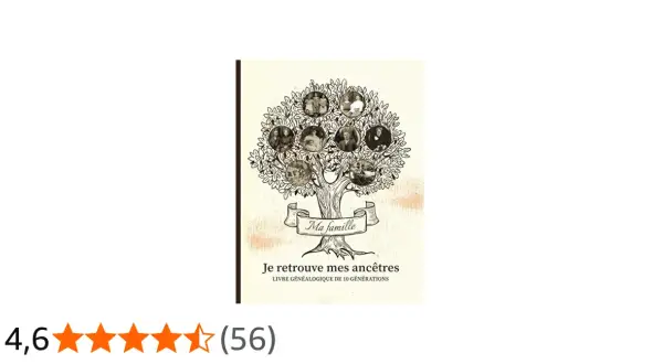 Livre "Je retrouve mes ancêtres", illustré d'un arbre généalogique avec des portraits de mes ancêtres.