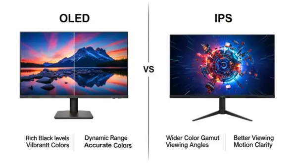 Comparativa de tipos de pantalla: OLED con colores vibrantes y negros profundos, frente a IPS con amplio espectro de color y mejor visión.