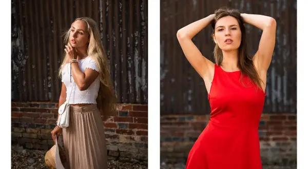 Split image: blonde woman in white top and beige skirt, holding a hat; woman in red dress with hands behind head. A visual comparison of 50mm vs 85mm lens effects.