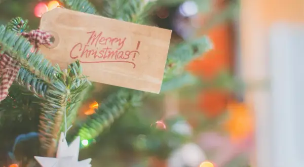 Zawieszka na choince z napisem "Merry Christmas!" w języku angielskim, otoczona igliwiem i migoczącymi światełkami.