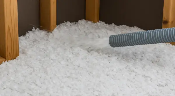 Installazione di isolamento sfuso. Attenzione: la lana di vetro pericolosa può irritare pelle e polmoni.