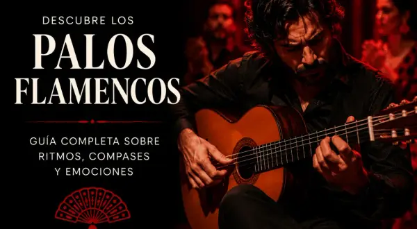 Un guitarrista flamenco interpreta apasionadas canciones flamencas de amor, acompañado por palmas y un abanico rojo.