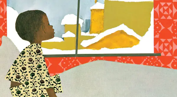 A child in a patterned outfit gazes out a window at snowy day illustrations of yellow buildings covered in white.