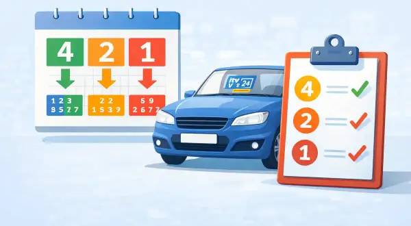 El coche azul listo para pasar la ITV, con un calendario y una lista de verificación. ¡Asegúrate de que todo esté en orden cuando tengo que pasar la ITV!