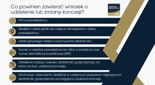 Wniosek o koncesję wymaga danych firmy, adresów, numerów identyfikacyjnych, określenia działalności i dokumentów zgodnych z **reglamentacją**.