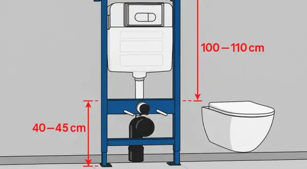 Schemat instalacji WC podtynkowego. Wymiary: 100-110 cm (wysokość spłuczki), 40-45 cm (odległość WC od ściany).