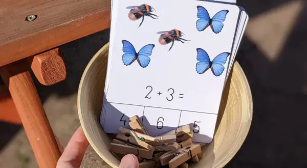 Karty pracy z owadami i zadaniami matematycznymi, np. 2+3=, w miseczce z klamerkami.