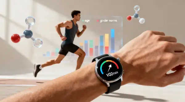 Ein Läufer im Hintergrund, eine Smartwatch am Handgelenk zeigt VO2max an. Die Uhr hilft zu verstehen, wie schnell man geht und wie die Leistung im Vergleich zu Alters- und Geschlechternormen ist.