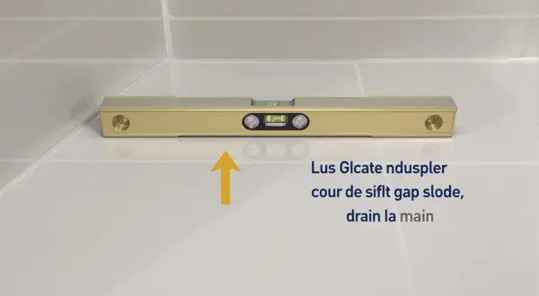 Niveau à bulle doré sur carrelage blanc, vérifiant la pente de la canalisation de la salle de bain pour un bon drainage.