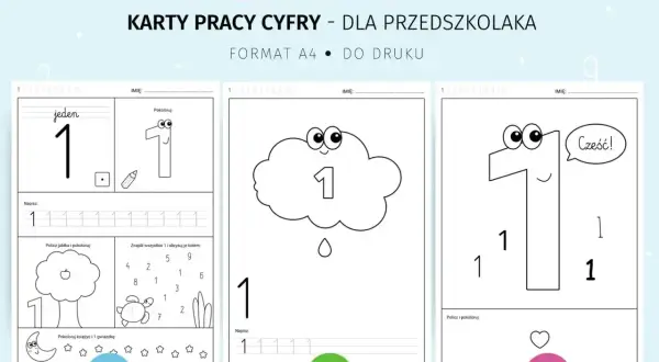 Karty pracy do druku z cyfrą 1 dla przedszkolaków. Ćwiczenia rozwijające motorykę małą: pisanie, kolorowanie, liczenie.