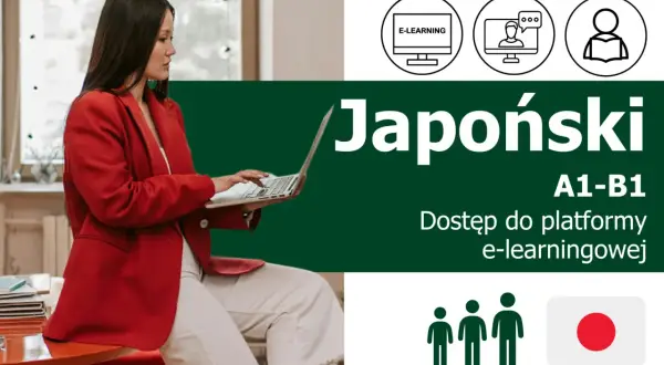 Kobieta uczy się japońskiego online. Kurs obejmuje poziomy A1-B1 i dostęp do platformy e-learningowej.
