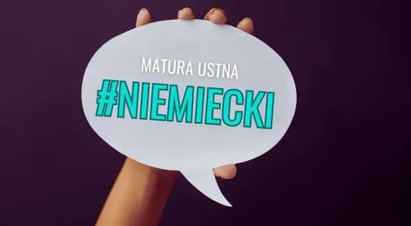 Dłoń trzyma białą chmurkę z napisem "MATURA USTNA #NIEMIECKI".