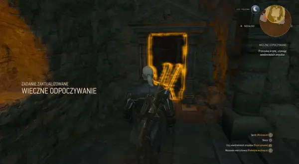 Geralt stoi przed magicznie podświetlonym wejściem do krypty. Zadanie "Wieczne odpoczywanie" zaktualizowane.